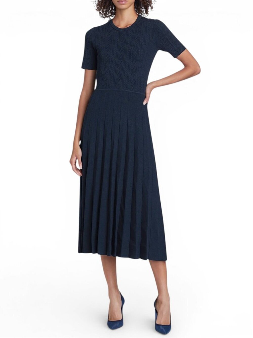 Jason Wu Collection Navy Mixed Stitch Midi Sweater Dress Cableknit Pleated L